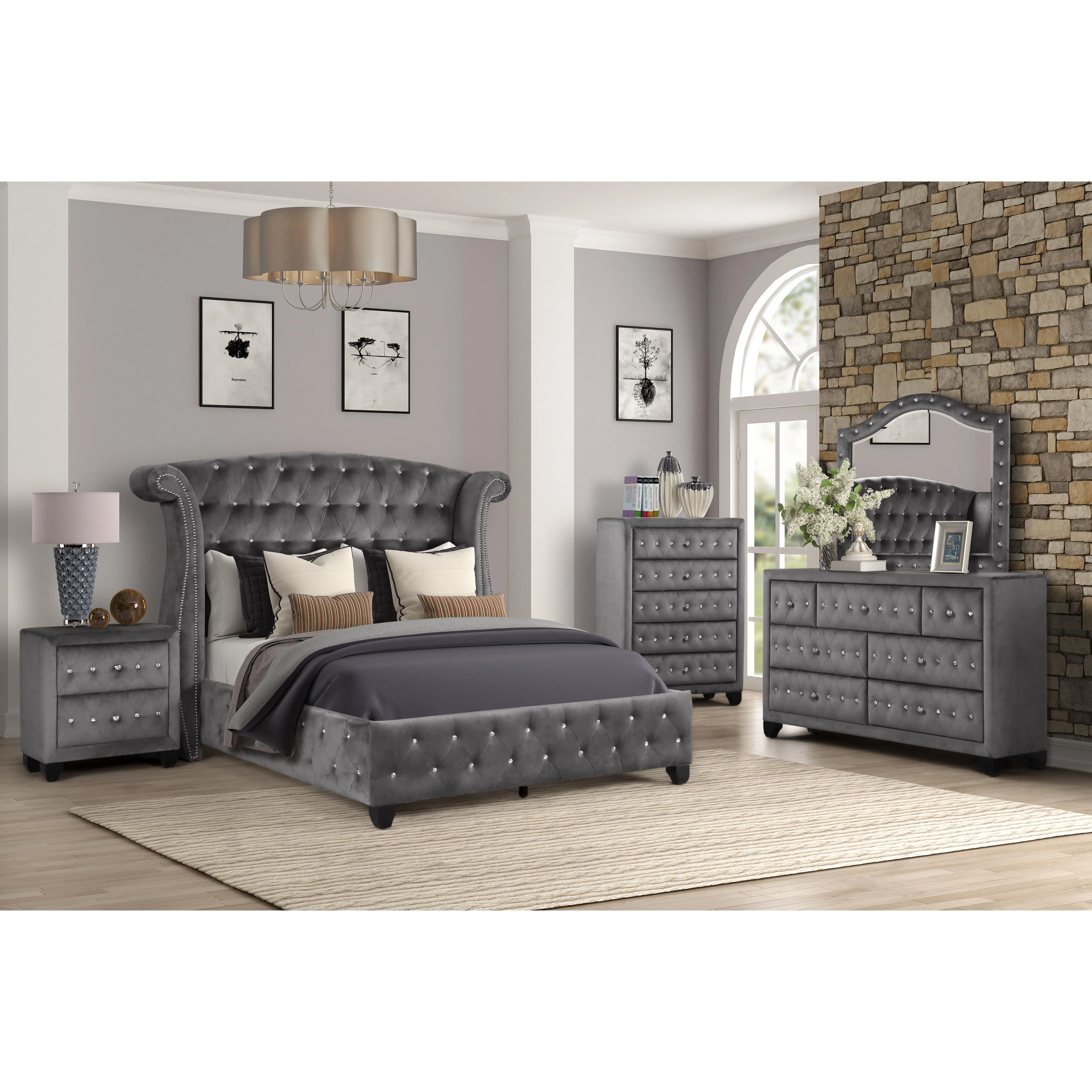 Nokaa Queen Size 5-Piece Upholstered Bedroom Set with Wood Frame, Tufted Velvet Headboard, Acacia Wood Dresser with Dovetail Drawers & Ball Bearing Glides, Modern Contemporary Bedroom Furniture Suite, Gray, No Box Spring Needed