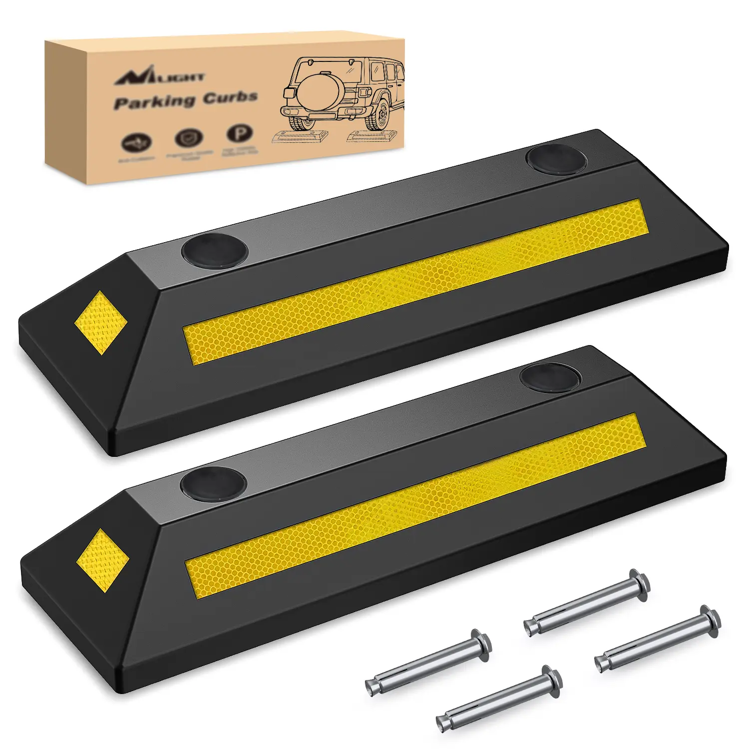 Nilight Heavy-Duty Rubber Parking Curb - 2-Pack 22in x 6.3in x 3.7in Wheel Stopper with Safety Strips for Garage/Driveway, Effortless Parking Security, Storage