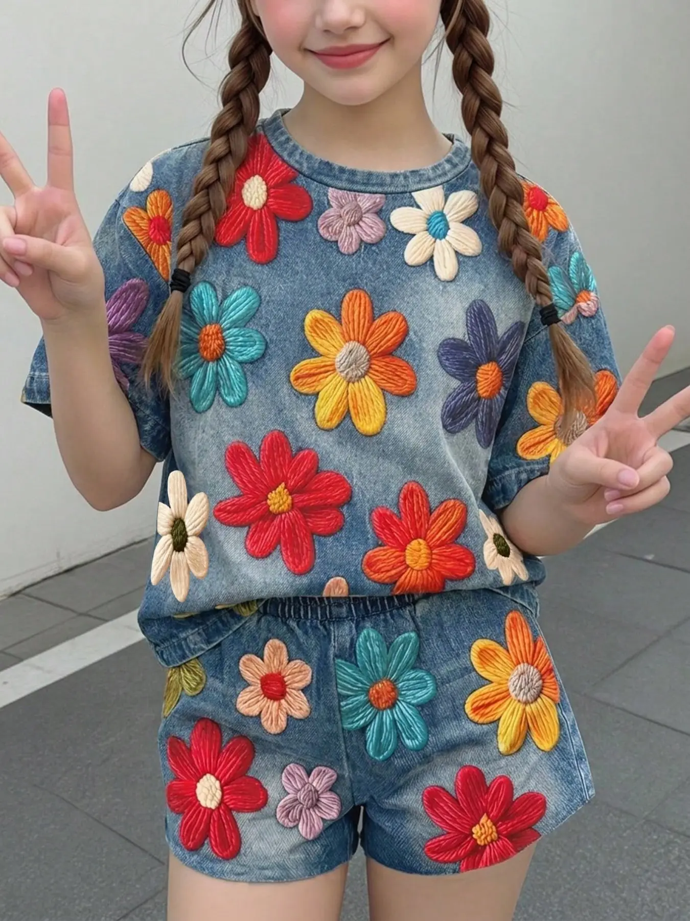 Trendy Hand-Painted Flower Print Girls' Two-Piece Set, Casual Set, Classic Short Sleeve with Blue Ink Flowers, Comfortable and Stylish, Ages 4-12