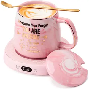 Coffee Mug Warmer & "You are Awesome" Mug Set, Electric Desk Beverage Cup Warmer, 4 Temperature Settings, 8-Hour Auto Shut Off