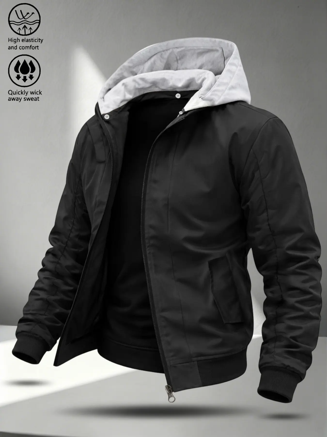 Men's Two-Piece Hooded Jacket, Light Hood, Baseball Style, Zip Closure, Ribbed Hem, Windproof, Casual All-Season Wear