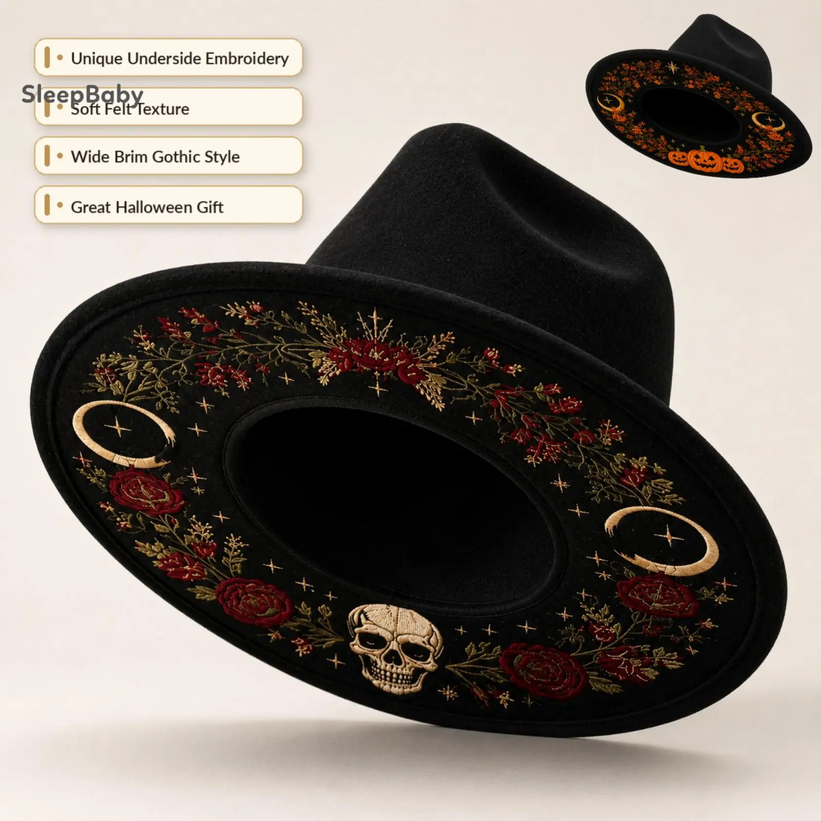 Gothic Halloween Felt Fedora Hat, Wide Brim Hat with Pumpkin & Skull Rose Underside Embroidery, Cosplay Party Holiday Dress Up Hat
