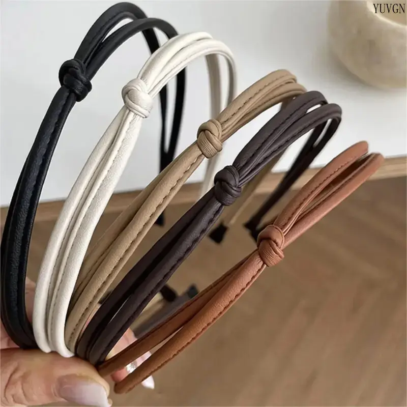 5 Pack Knotted Faux Leather Strap Headbands for Women and Men, Thin Solid Color Fashion Hair Accessories for Daily Wear & Sports