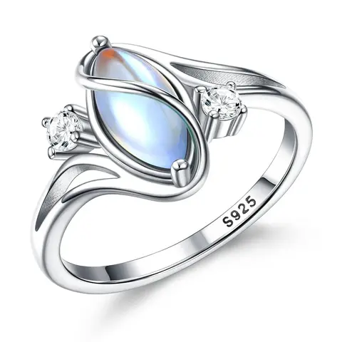 Women's 925 Silver Classic Elegant Everyday Ring - Synthetic Moonstone, Rainbow Stone, Cubic Zirconia Accents, Christmas Romantic Jewelry Ideal for Birthday, Daily Wear