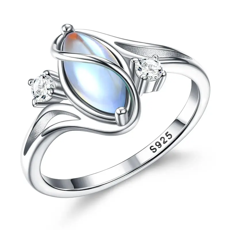 Women's 925 Silver Classic Elegant Everyday Ring - Synthetic Moonstone, Rainbow Stone, Cubic Zirconia Accents, Christmas Romantic Jewelry Ideal for Birthday, Daily Wear