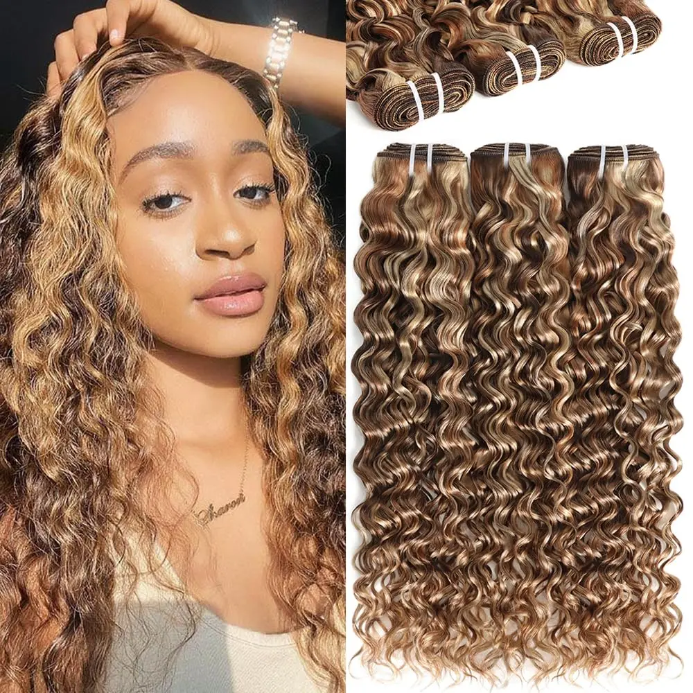 4/27/613 Water Wave Bundles Human Hair Highlight Ombre Brown Honey Blonde 613 Bundles Hair Weave Bundles for Sew In and Quick Wave Human Hair Extensions 100% Human Hair Extensions Colored Human Hair Bundles