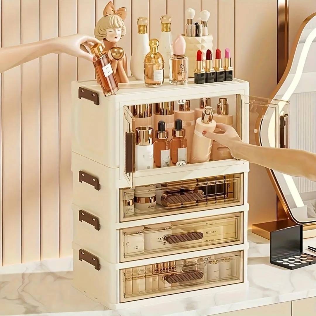 Foldable large-capacity storage cabinet, file organizer with drawers, transparent drawer unit, used for storing skincare products, cosmetics, books, and documents