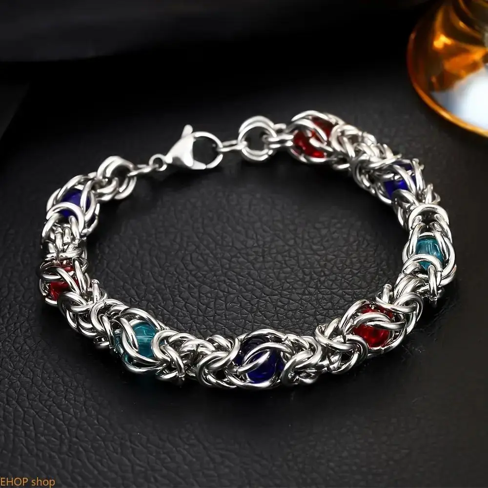 Unisex Italian Designer Polyester Chainmail Bracelet - Festive Colorful Beads, Gothic Hip-Hop Style, Plain Costume Jewelry Accessory for Daily/Holiday Outfits, Vibrant Look