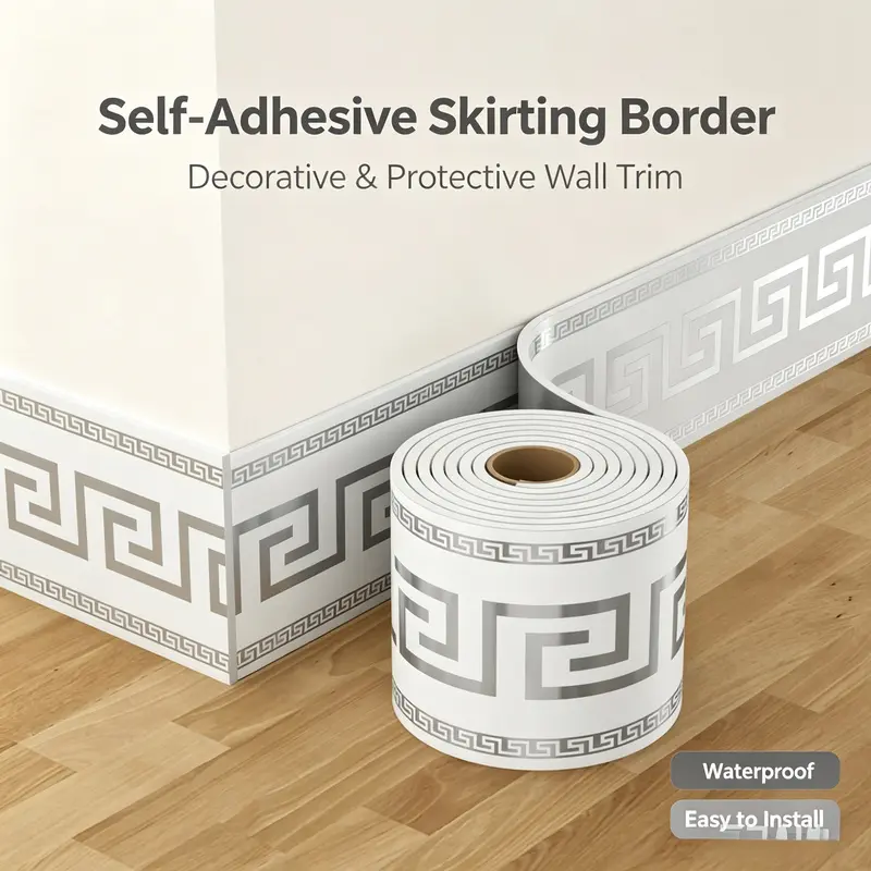 1 Roll  3.94 x 196.85 Inches thick Greek key pattern peel and stick baseboard marble tile texture, usable as windowsill waist line, easy apply, wall decor for kitchen bathroom living room office