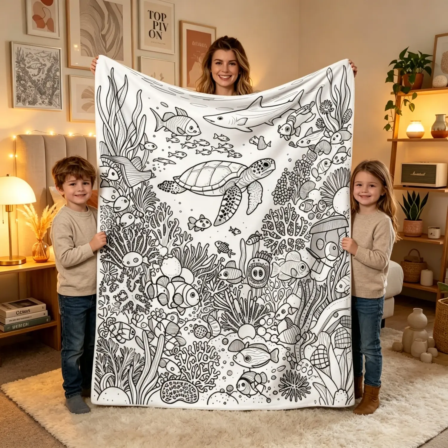 Ocean Sea Creature Line Art Colorable Flannel Blanket - Adult DIY Coloring Throw, Ultra Soft Cozy Warm Plush, Artistic Blankets for Cozy Setup & Aesthetic Room Plush, Ideal Holiday & Birthday Gift