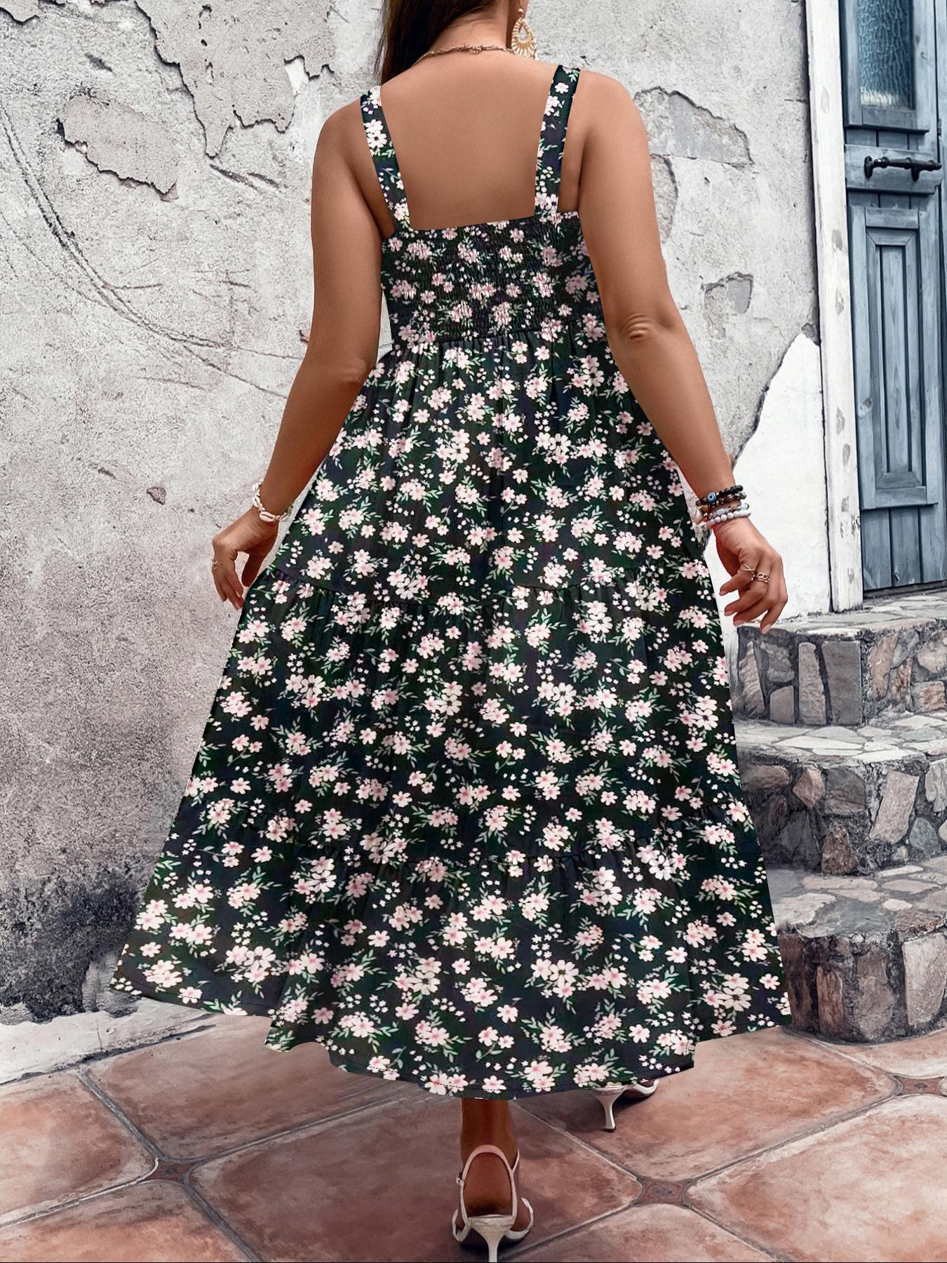 Women's Plus Size Solid Bohemian Shirred Tiered Layer Cami Dress, Elegant Ruffle Hem High Waist A-line Dress for Beach Holiday, Women's Clothes for All Seasons