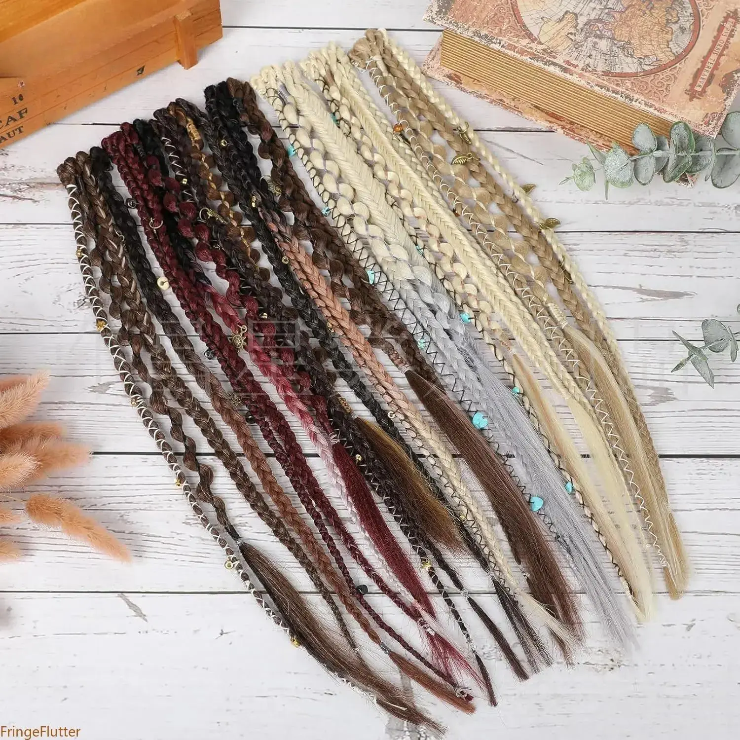 2Pcs Synthetic Fiber Boho Braided Dreadlock Hair Extensions Hairbands & Scrunchies with Metal Charms, for Viking Cosplay Braids Hairstyles