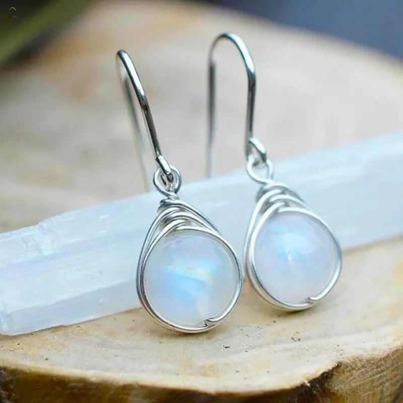 Women’s Vintage Wire-Wrapped Teardrop Shape Earrings - 31mm Lightweight Multi-Colors Moonstone Natural Stone Dangle Jewelry, Minimalist Daily Wear Fashion Gift