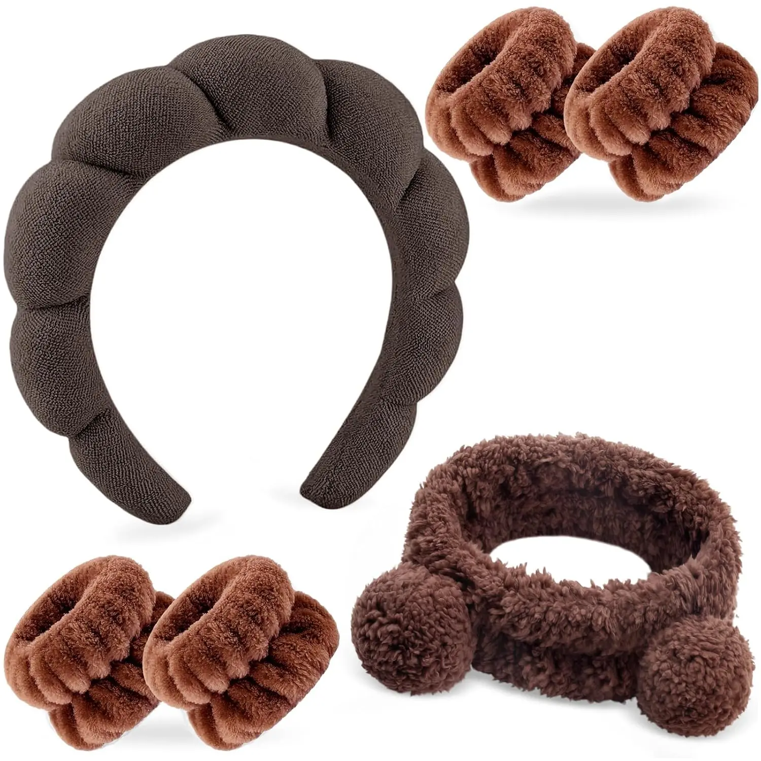 6Pcs Spa Headband for Washing Face Wristband Set Sponge Makeup Skincare Terry Cloth Headband Bubble Soft Bear Ears Hairband Women Puffy Padded Headwear Non Slip Hair Accessory(Dark Brown)
