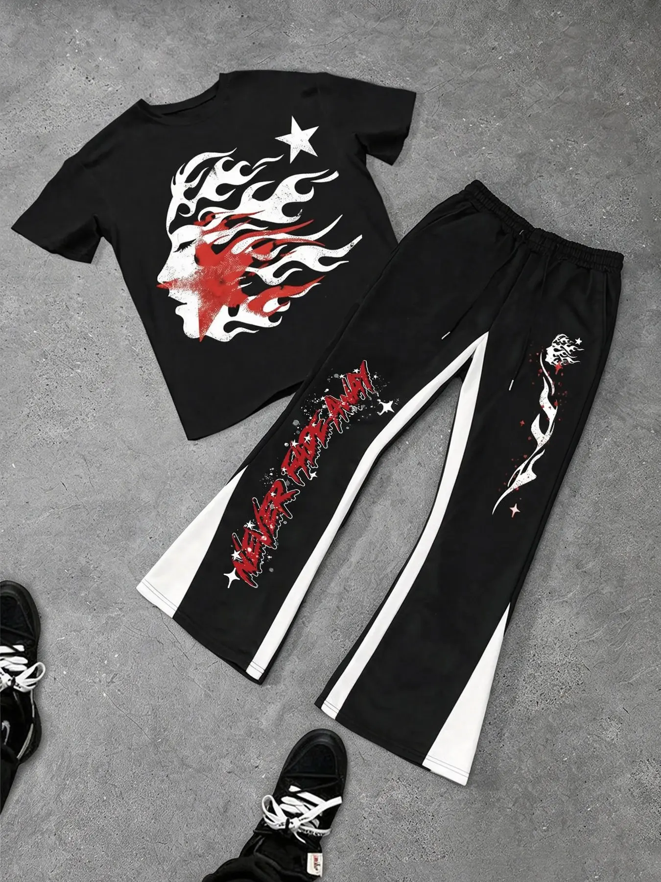 Men's Short Sleeve Tee & Letter Print Flame Bell Bottom Trousers Two-piece Set, Menswear, Regular Fit Round Neck T-shirt & Trousers, Casual Fashion Cozy Breathable Men Two-piece Outfits for All Seasons Clothes
