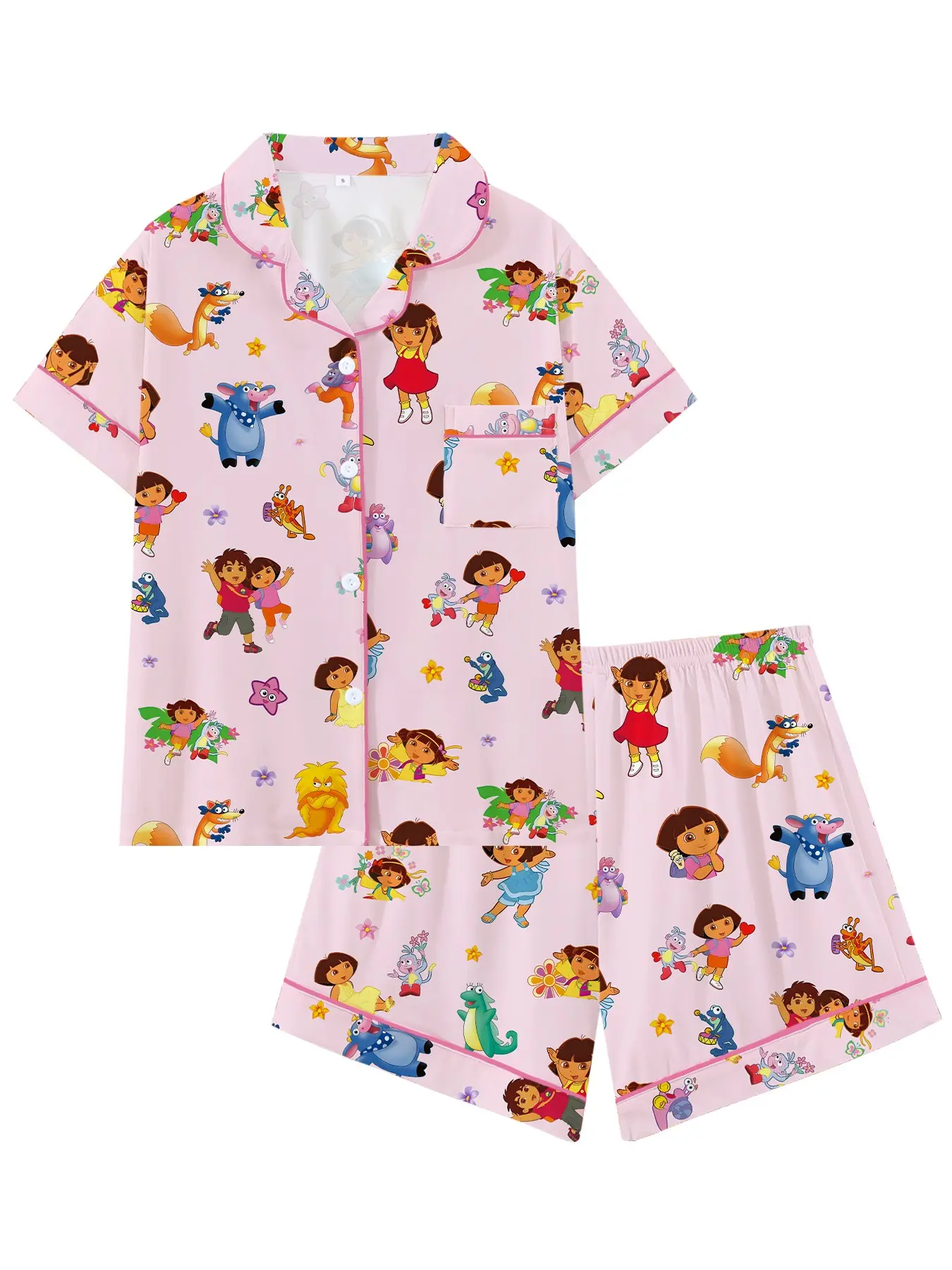 Women's Pajama Set, Dora Print Short Sleeve Shorts, 2-Piece Sleepwear Loungewear, Casual Home, Spring & Fall, Slim-Fitting, All over Print, Pjs
