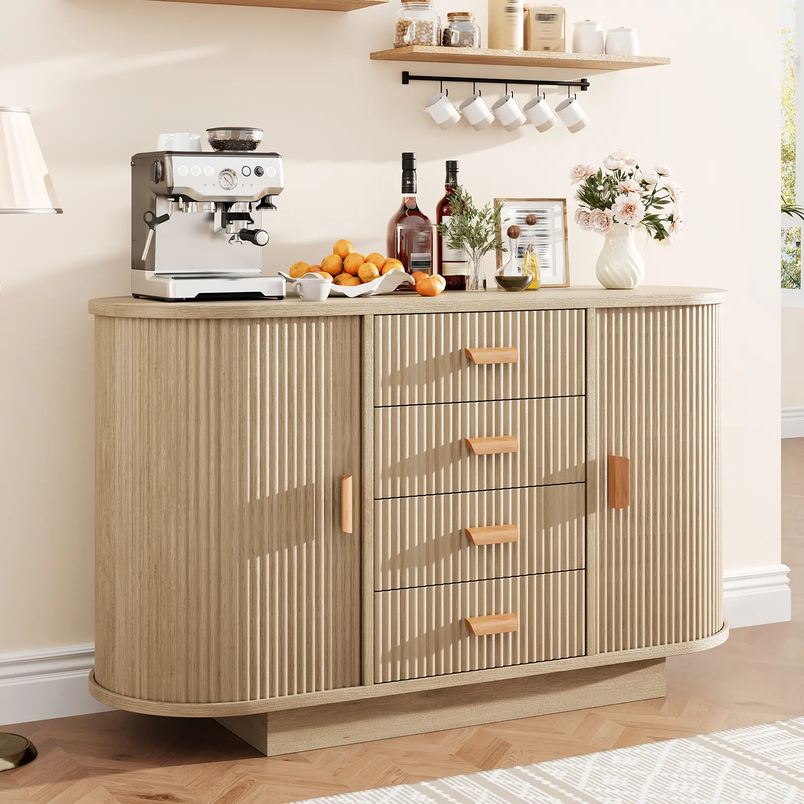 47-Inch Mid-Century Modern Fluted Furniture Sideboard Buffet - Space-Saving Flat-Pack Storage Console with 4 Drawers, 2 Arched Sliding Doors, Pedestal Base, Oval Accents, Natural Oak Finish for Dining/Living Room, Soft-Close