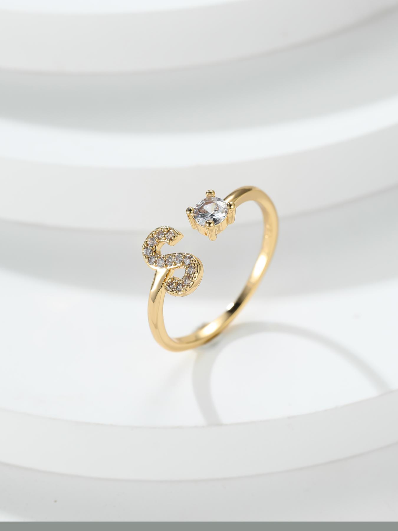 Summer 2026 Creative Letter Cuff Ring with Artificial Zircon Decor, Adjustable Open Ring, Fashion Jewelry for Women & Girls
