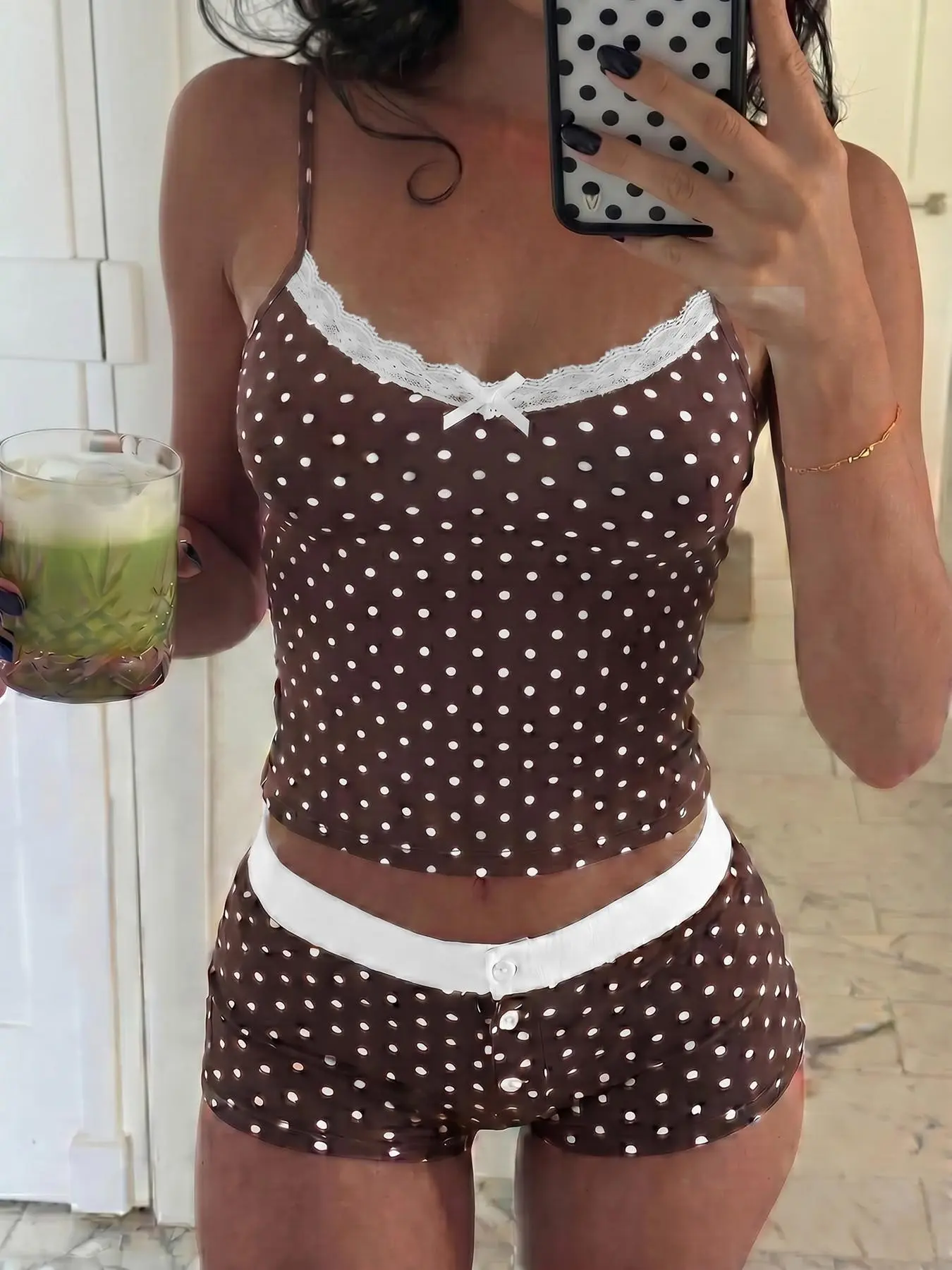 Brown polka dot lace trim spaghetti strap camisole & shorts loungewear set, soft slim-fit pajamas, cute girly style matching pajama set, casual daily home two-piece, popular TikTok girl pajamas, sweet vintage polka dot loungewear Aesthetic Camisole Sets