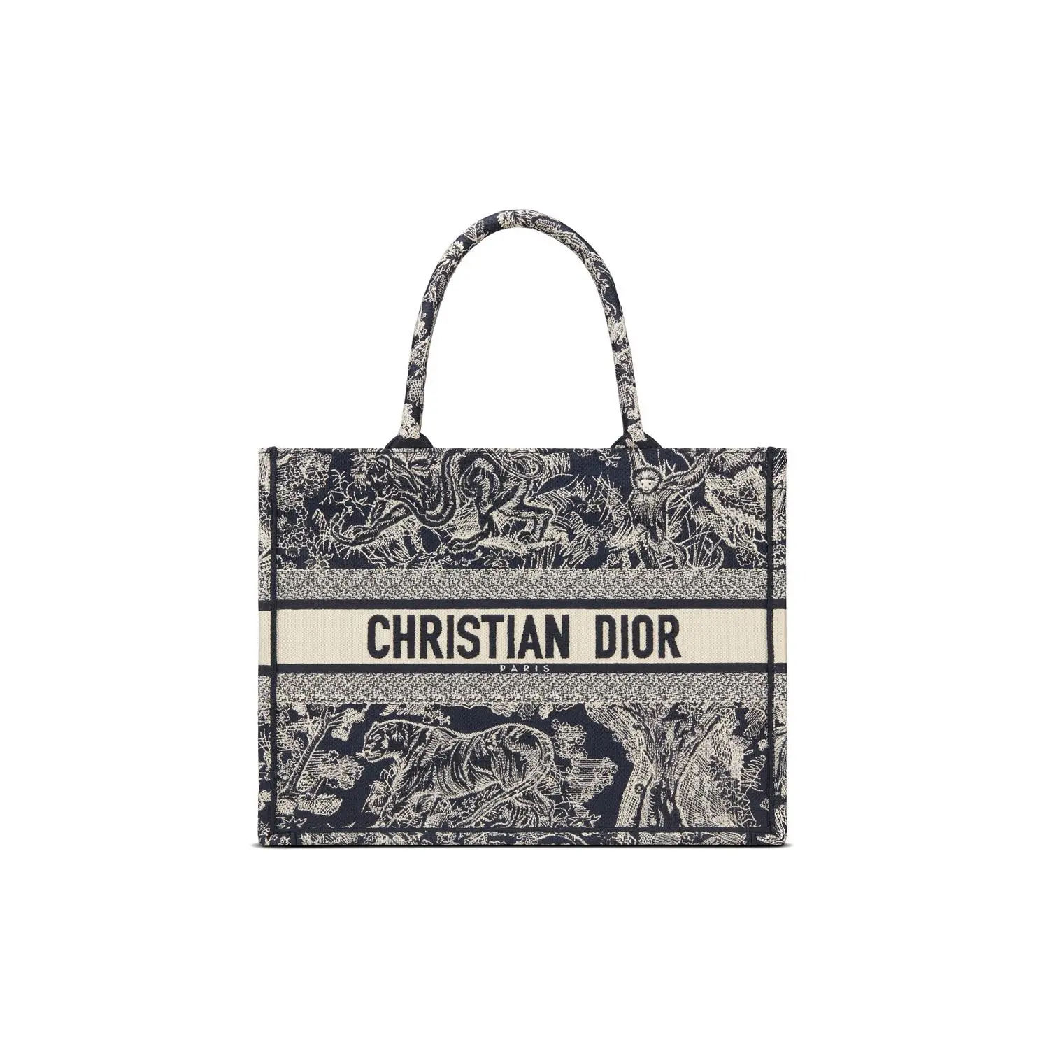 Dior Book Tote Bag for Women – Qixi Collection Tiger-Print Toile de Jouy Embroidered Medium Blue Tote