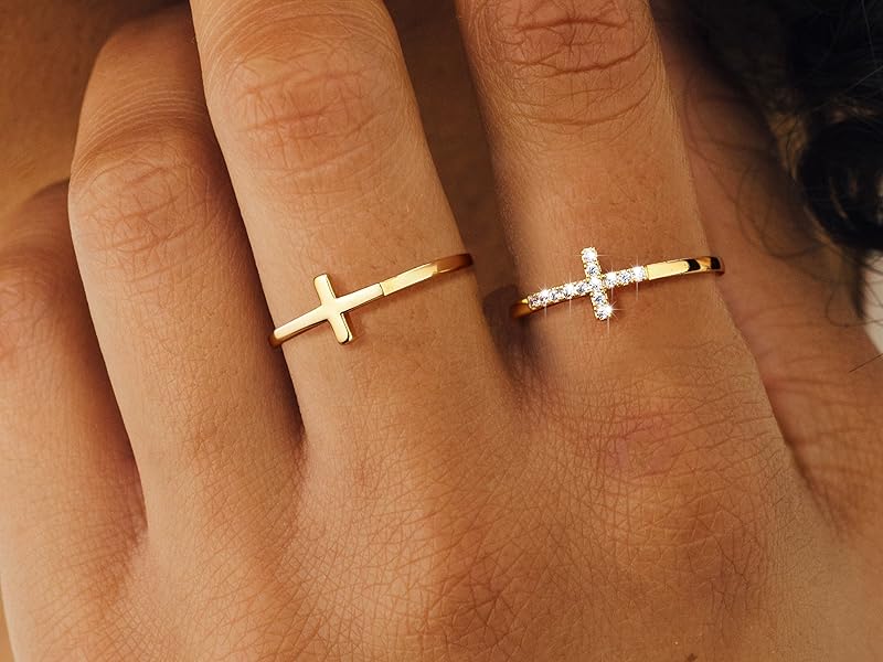 Tewiky Cross Rings For Women Girls Dainty Trendy Stackable Ring Set Thin Cz Cross Finger Rings For Women Non Tarnish Simple Statement Rings Wedding Bands Jewelry Size 5-10 For Easter