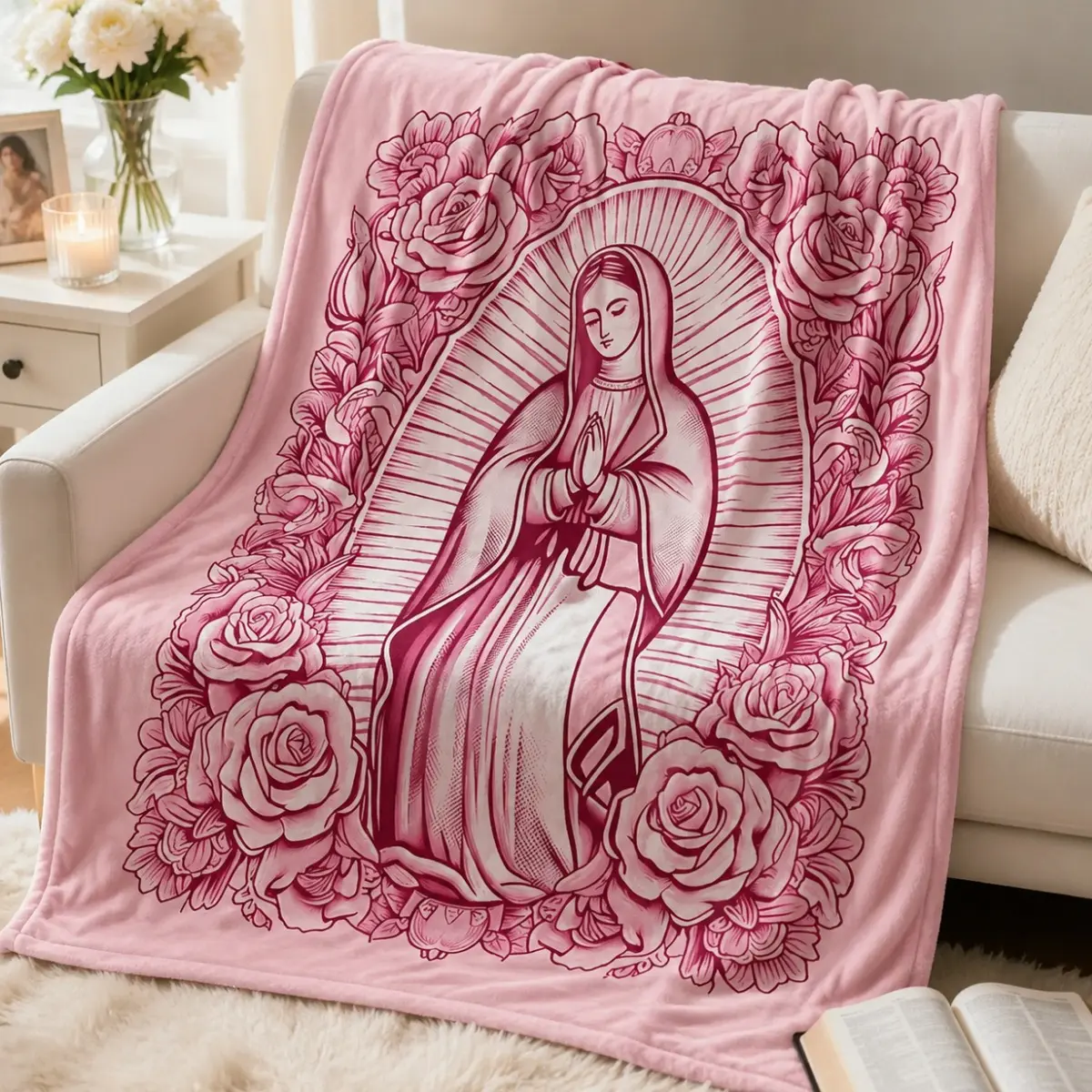 Virgin Mary Blanket Pink Floral Religious Throw Blanket, Soft Velvet Fleece Blanket with Catholic Prayer Design, Cozy Christian Gift for Mom Grandma Women, Bedroom Sofa Home Decor Blanket