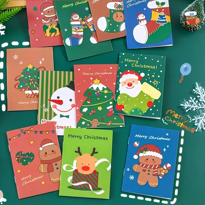 10pcs Christmas Mini Notebooks, Santa & Snowman Designs, Random Styles, Pocket Memo Books, High-Quality Paper, Perfect for Holiday Gifts