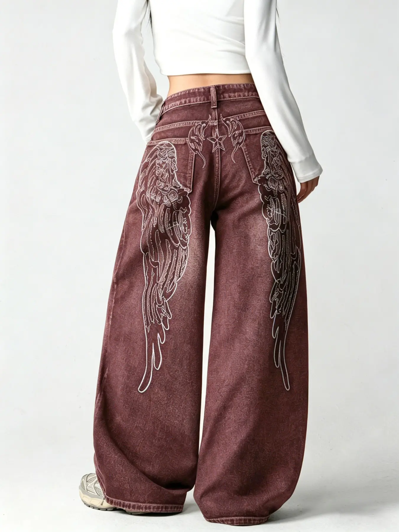 Women's High-Waisted Wide-Leg Jeans, Vintage Washed Embroidered Street Style, Loose-Fitting Baggy Comfortable Long Pants for All Seasons Hi Waist Denim Embroidery Bottoms