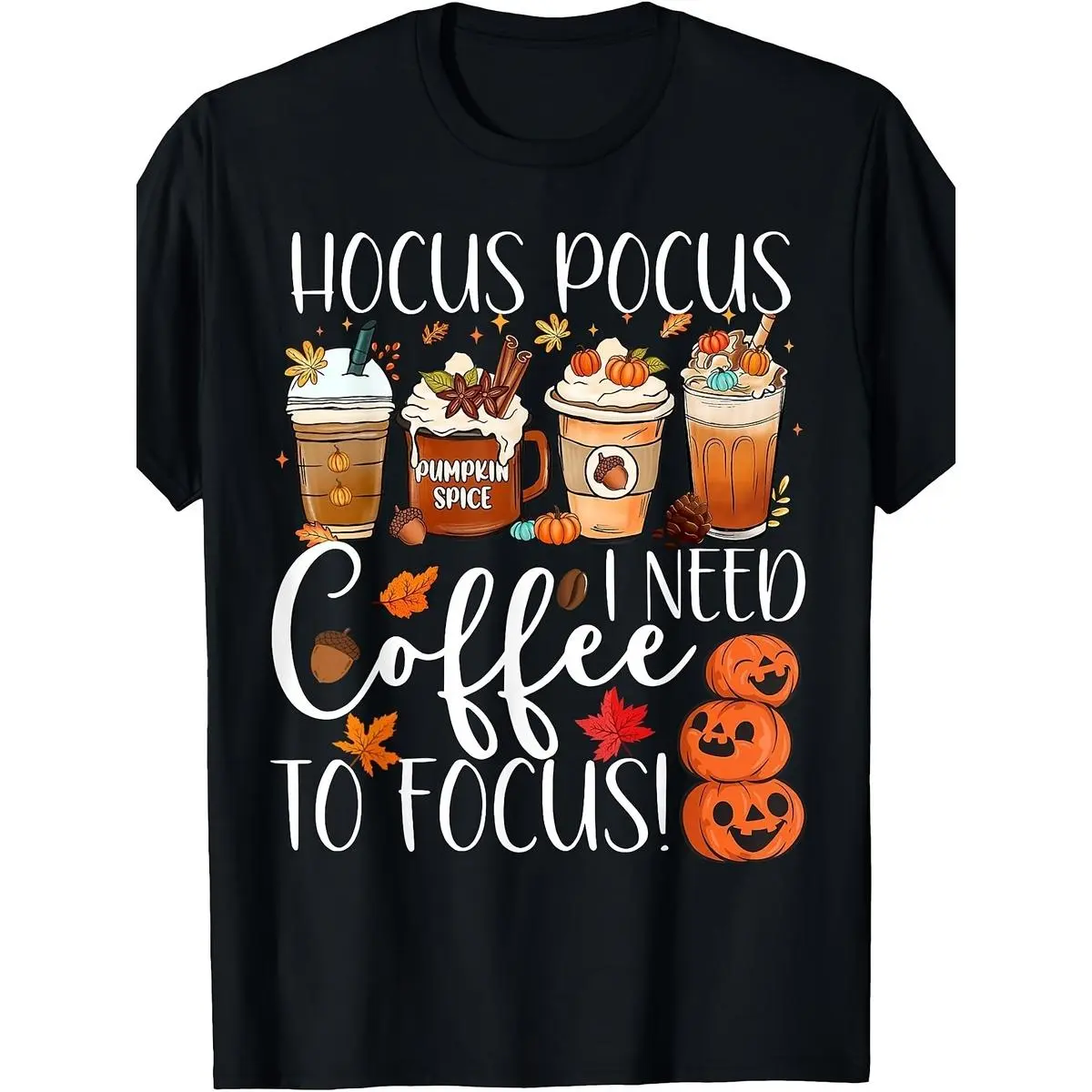 [Fall Pumpkin Teacher] Cute Hocus Pocus I Need Coffee To Focus Fall Pumpkin Teacher Tshirtretro Casual Crew Neck Printed T-Shirt