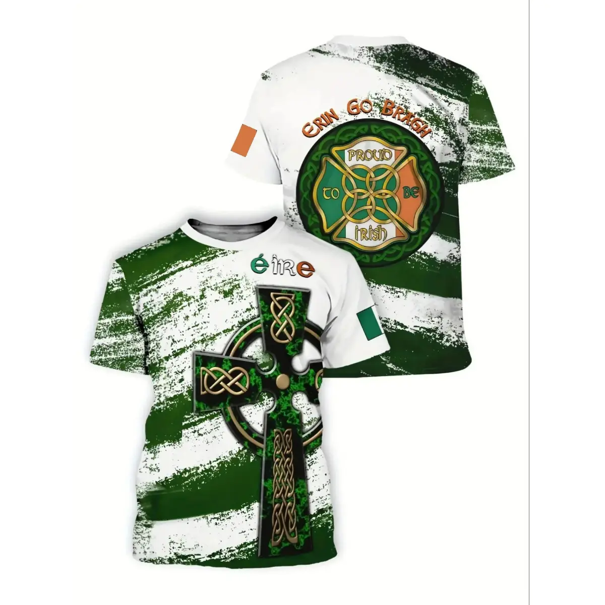 2026 Men's Celtic Cross Ireland Traditional Ethnic Cultural T-Shirt, & Full Body Celtic Knots Clover Print, Irish Flag Colors Casual Tee