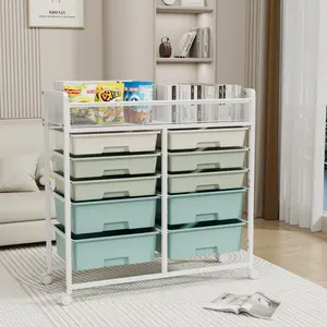 Macaron Gradient Rolling Cart 10 Drawers Top Mesh Basket Carbon Steel Frame PP Drawers Silent 360 °   Wheels Lightweight Storage Organizer for Kitchen Bedroom Office