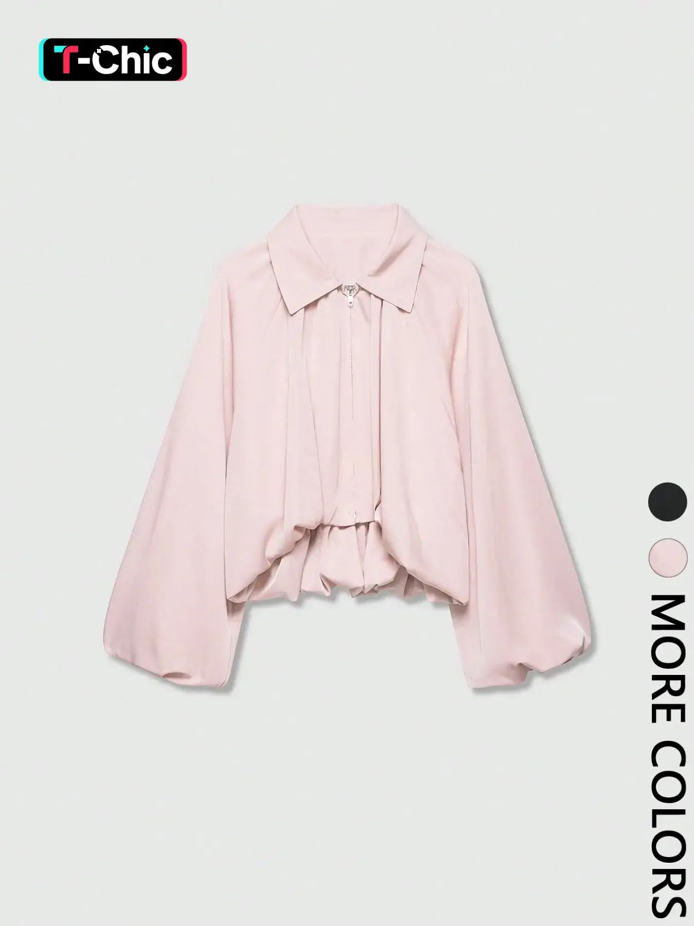 Women's Point Collar Half Zip Jacket Balloon Puff Long Sleeve Front Pleated Design Gathered Bubble Hem Cropped Silhouette Elegant Casual Chic Aesthetic Outerwear
