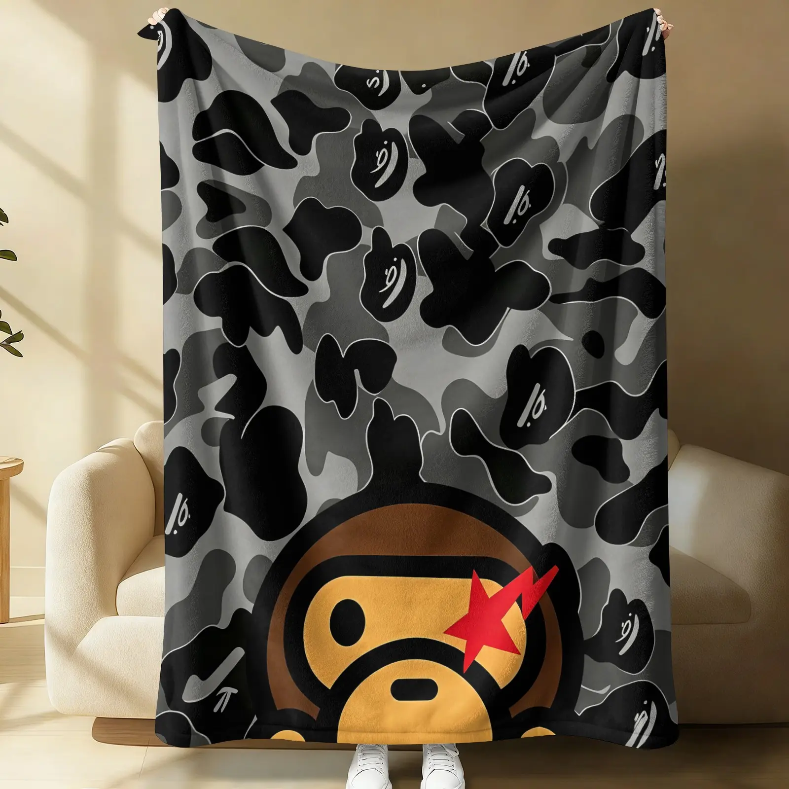 Cool Street Style Gray Camo Monkey Throw Blanket, Cartoon Baby Ape Red Star Camouflage Print Flannel Blanket, Modern Hip Hop Room Accessory, Ideal All Season Cozy Blanket for Boys and Youth
