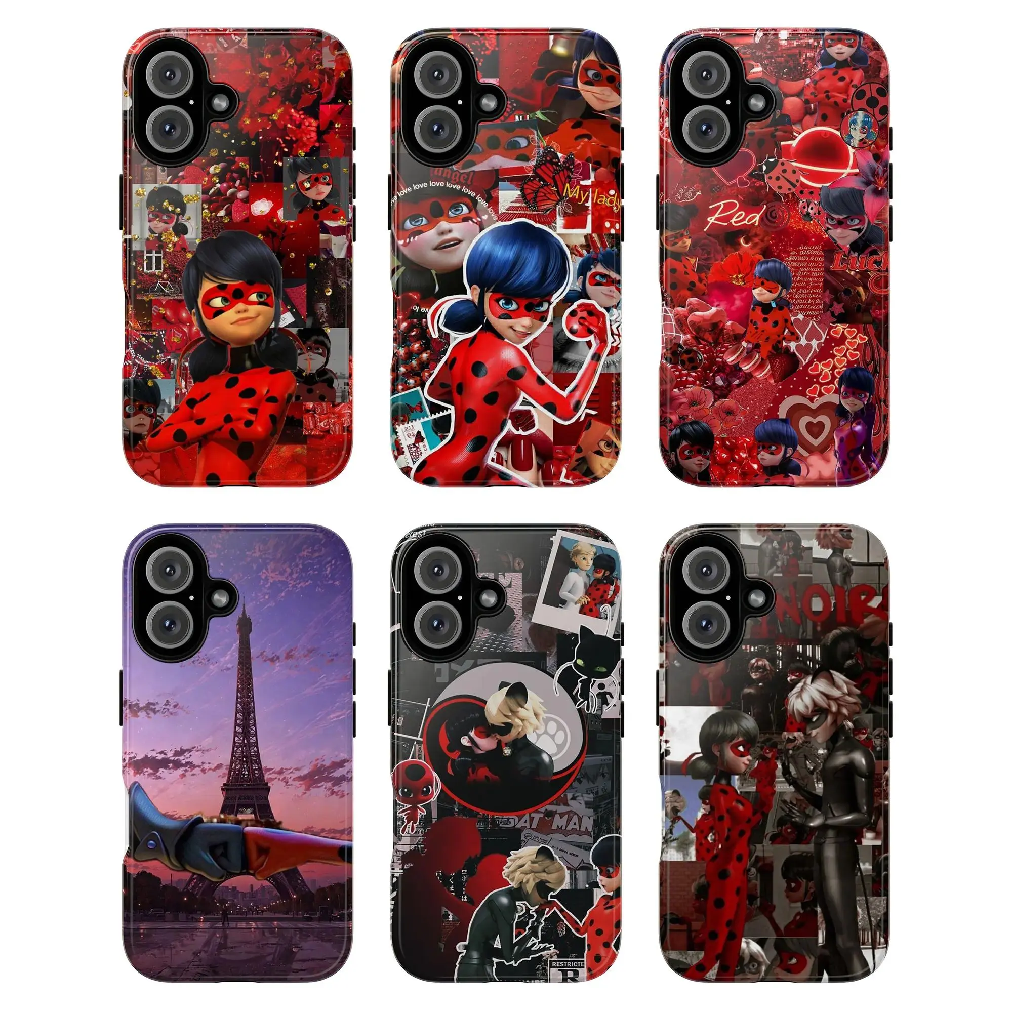 Miraculous Ladybug & Cat Noir TPU Phone Shell - Shock-Resistance, Durable 2-Piece Cartoon Collage, Red-Black, Paris Eiffel Tower, Hearts, Love Yo-Yo Weapon, Retro Artistic Style, Fit for iPhone 11-17 Pro Max/Plus, Samsung Galaxy S23-25 Anime Accessories,