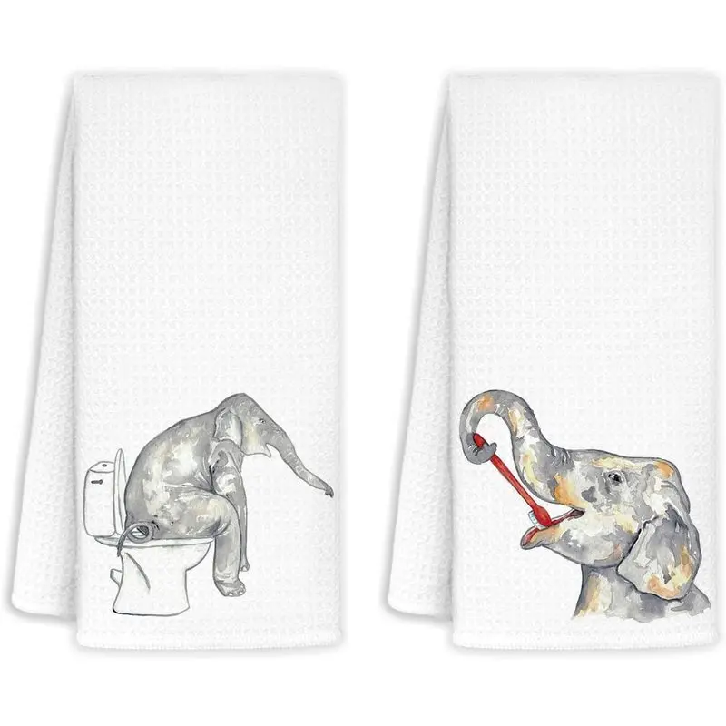 Funny Elephant Decorative Kitchen Hand Towels for Bathroom Set of 2 - Elephants Bathroom Decor for Home, 16x24 in, Elephant Gifts for Women Men