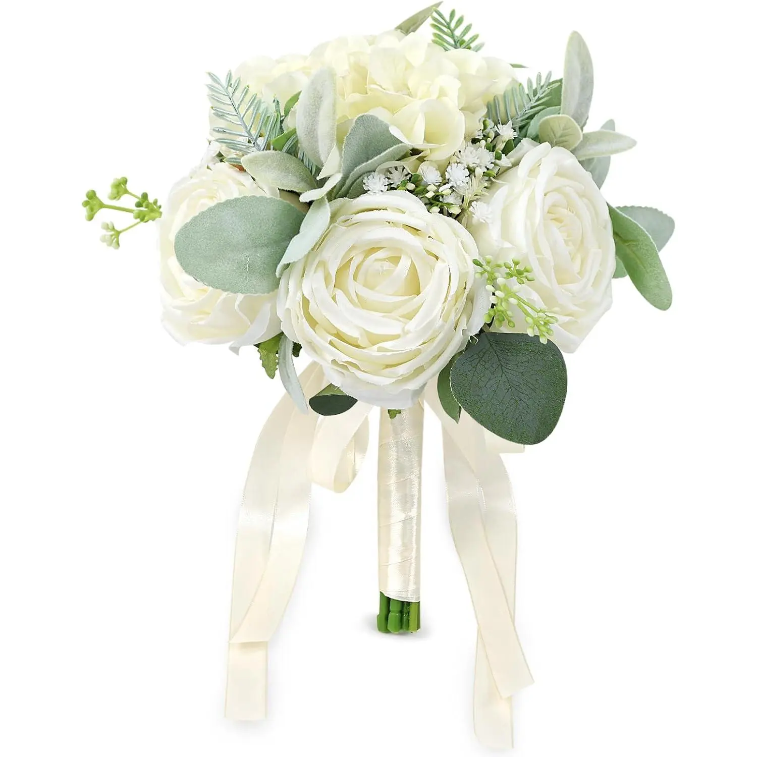 Artificial Rose Bridal Bouquet 8.5 Inch Ivory White for Wedding Bride Bridesmaid Party Church Decoration