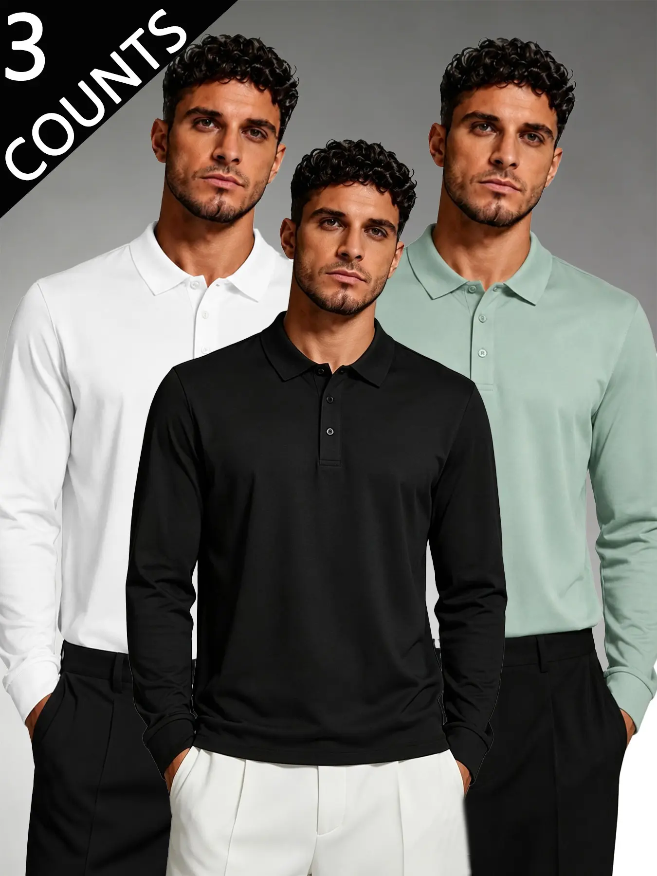 3 Pack Men's Long Sleeve Polo Shirt, Button Placket Collared Performance Top, Ideal for Golf, Office, Business, Smart Casual Wear