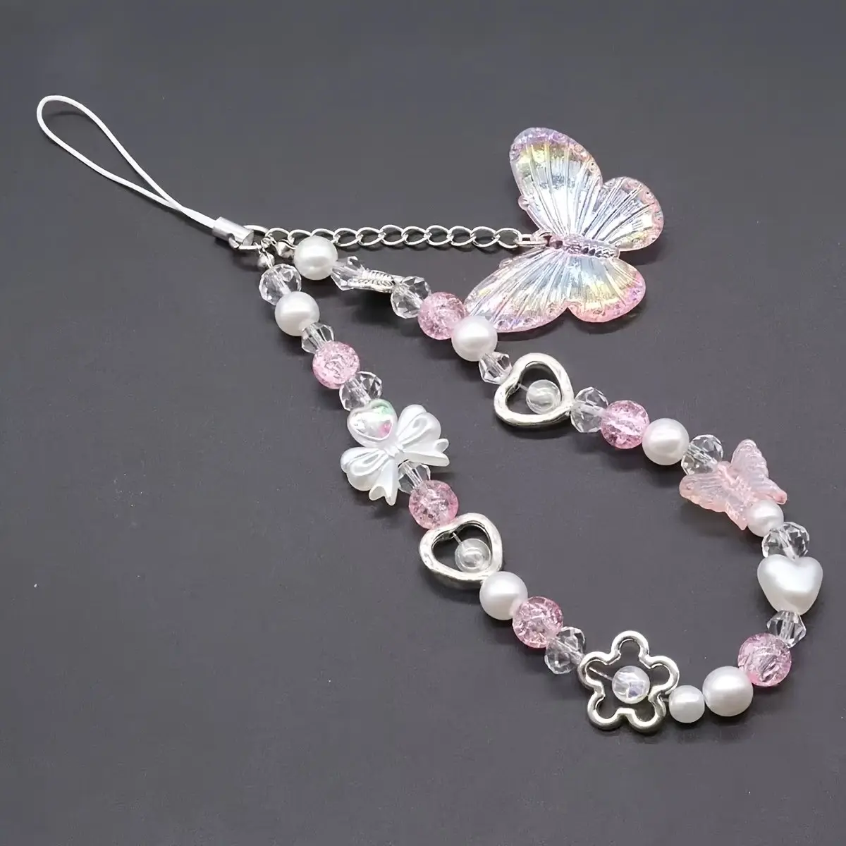 Women's Y2K Style Shiny Butterfly Beaded Round Ball Phone Chain, Phone Charm, Cell Phone Charm, Phone Accessories, Elegant Multi-Occasion Accessory, Perfect Gift for Mother, Partner, Wife, Friend