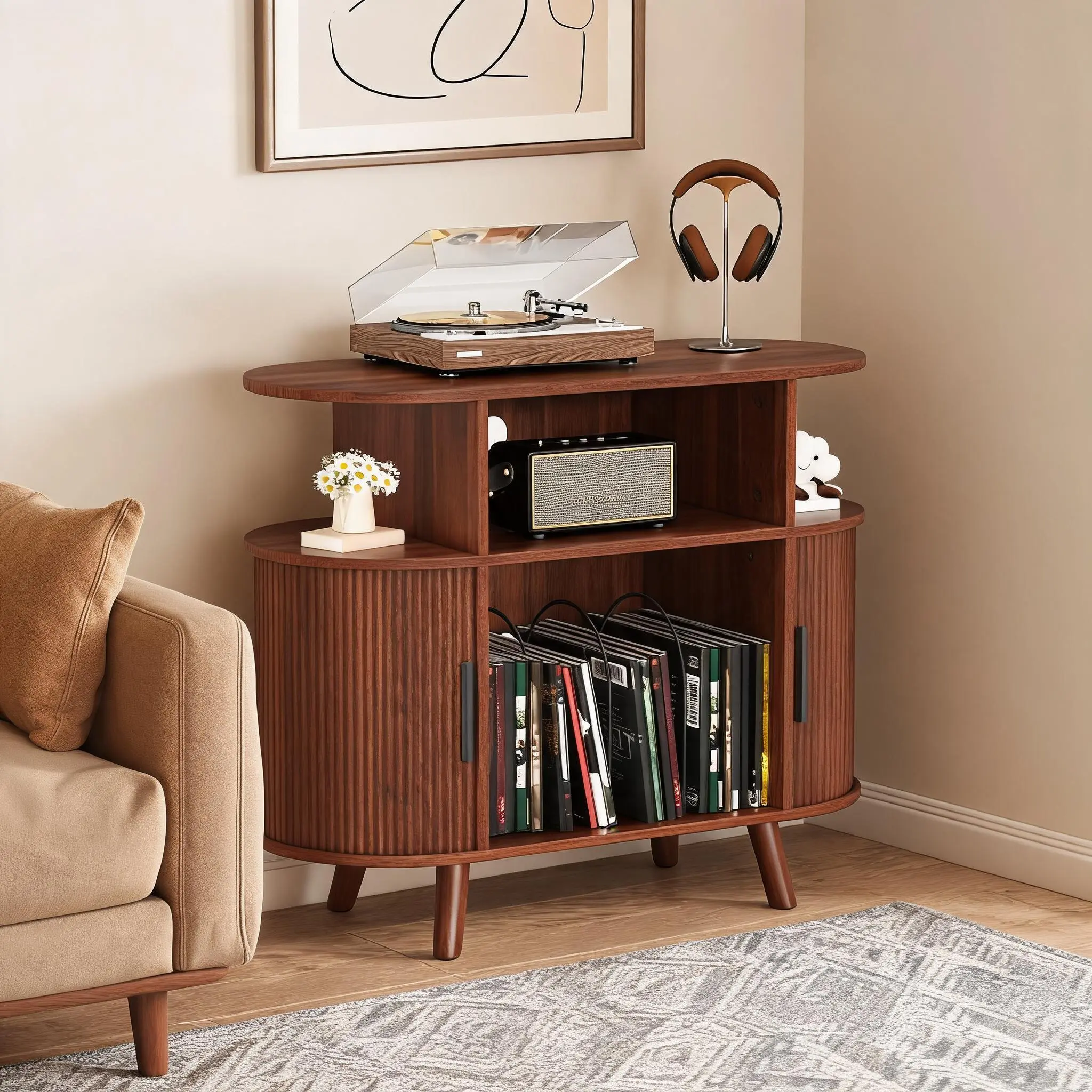 Mid-Century Fluted Engineered Wood Record Stand - Arched Accents Turntable Media Console, Holds Up to 300 Vinyl Albums, Built-In Charging Hub, Display Shelf, for Living Room Decor & Music Room, Fluted Doors