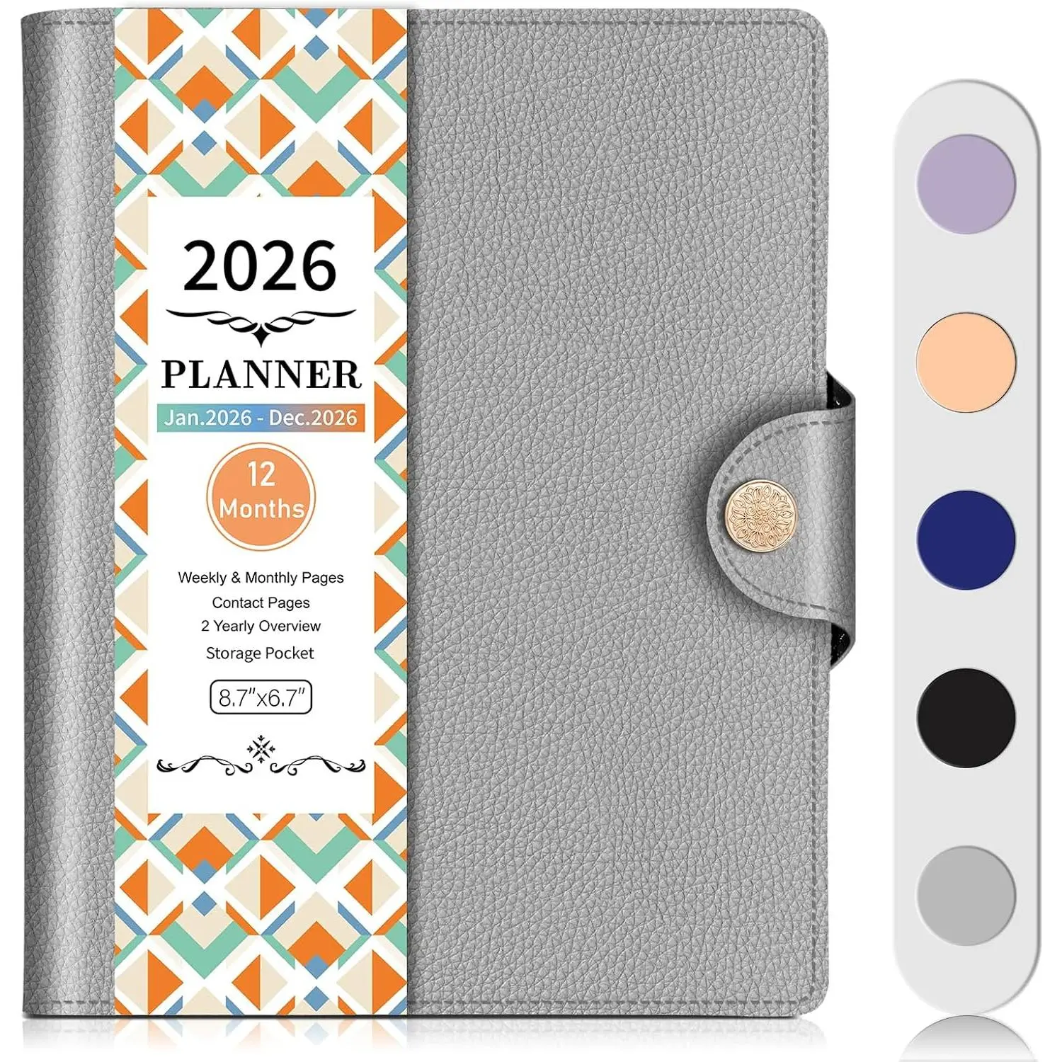 2026 Weekly & Monthly & Daily Planner from Jan 2026 - Dec 2026, Pu Leather Cover Planner, Academic Agenda Planning Organizer with 100GSM Thick Paper, A5 Size, Grey