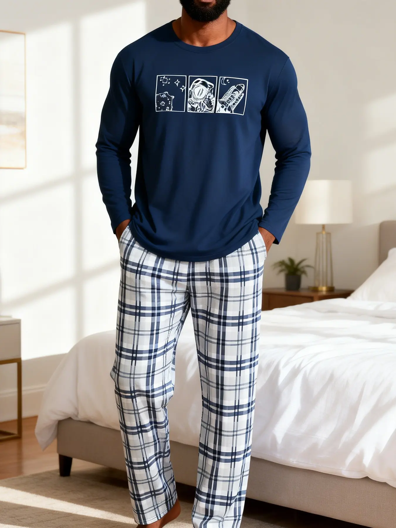Men Astronaut Space Graphic 2 Piece Loungewear Set, Crew Neck Navy Long Sleeve Sleep Top & Navy White Plaid Straight Sleep Pants With Elastic Waist, Soft Skin Friendly Breathable Fabric, All Season Cozy Pajamas For Indoor Rest, Night Sleep, Lazy Evening R