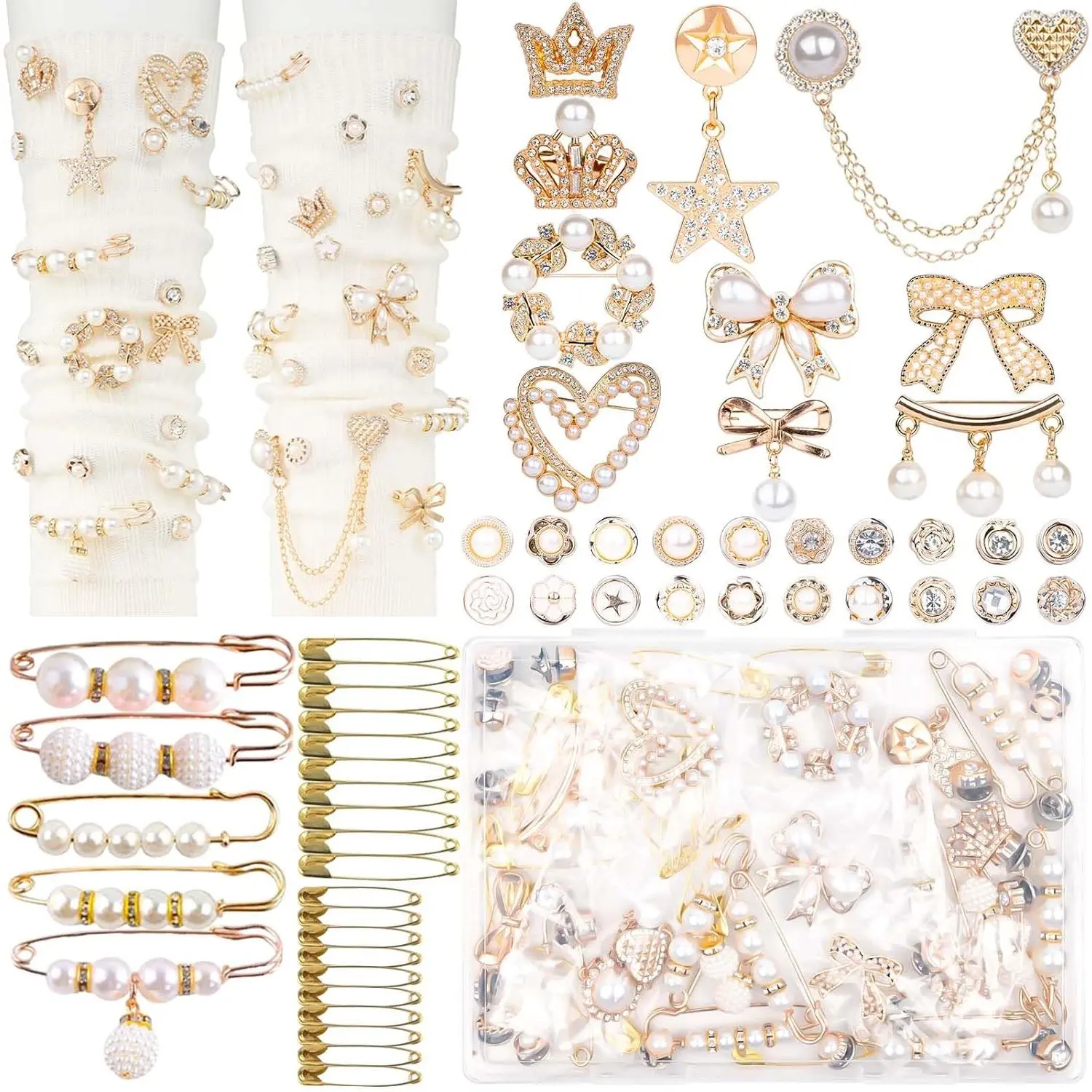 DoDoBeads 60 Pcs Junk Socks Charms Kit, Gold Brooches and Pins for Women, Pearl and Rhinestone Sock Charms with Safety Pins, DIY Accessories for Decorating and Personalizing Socks