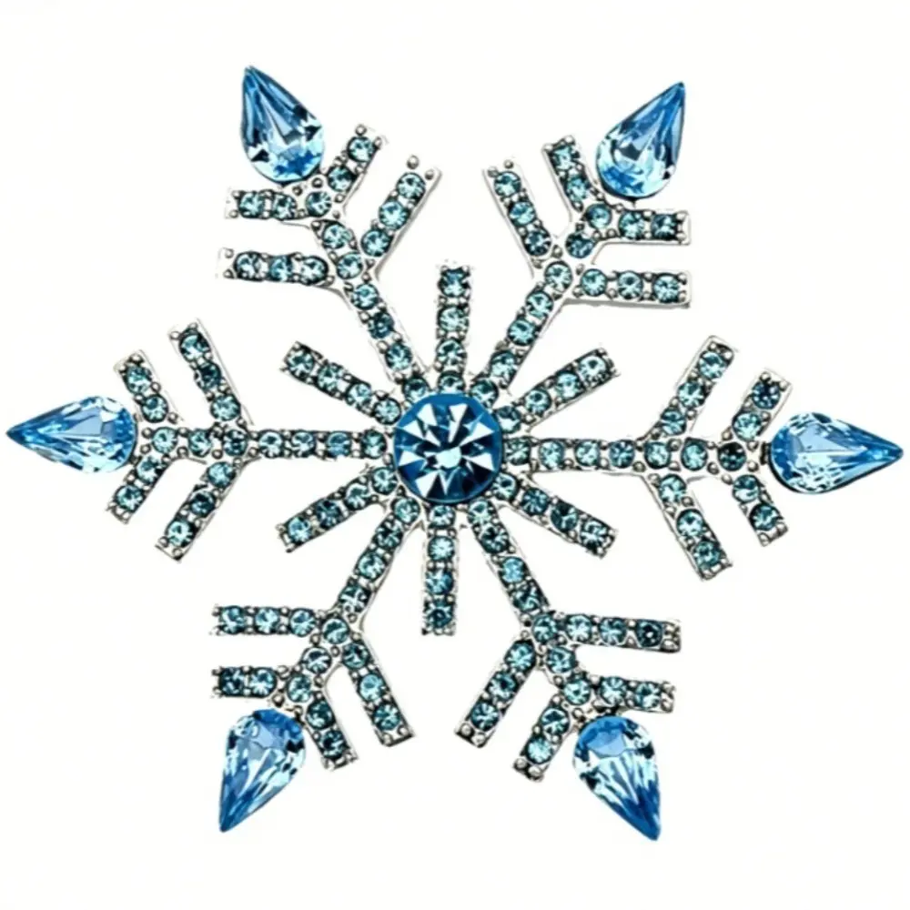 Shiny Blue Crystal Snowflake Brooch Silver Tone Rhinestone Winter Lapel Pin Suit Coat Holiday Jewelry Gift