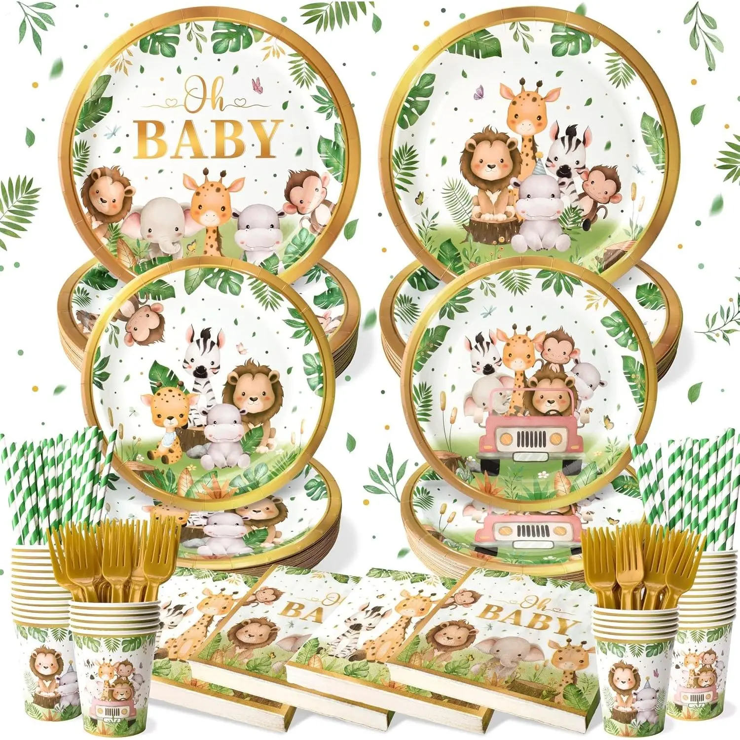 144 Pcs Safari Baby Shower Tableware Set (Serves 24 Guests) Includes Plates Napkins Cups Straws Forks Jungle Safari Theme Baby Shower Party Supplies Decorations