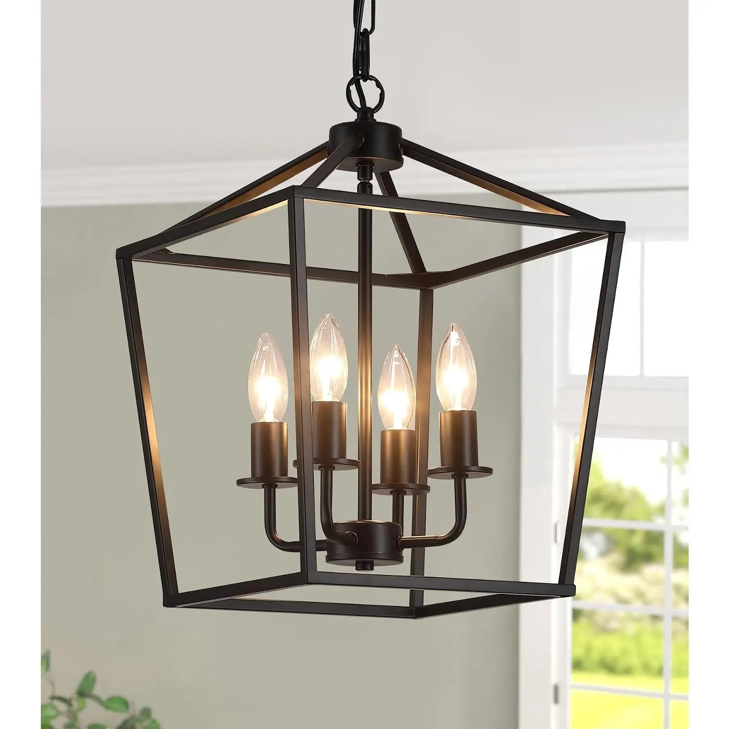 UL Listed Black Industrial 4 Light Lantern Chandelier Ceiling Light Fixtures Farmhouse Metal Cage Rustic Geometric Pendant Light for Kitchen Island Entryway Dining Room Stairs and Hallway