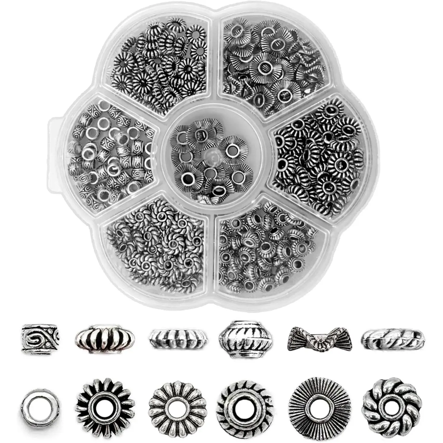 300 count -Tone Spacer Beads for  Making, 6 Styles Flower Rondelle Flat Disc Small Bead Spacers for Bracelets, Necklaces, Earrings and Bracelet Making Supplies