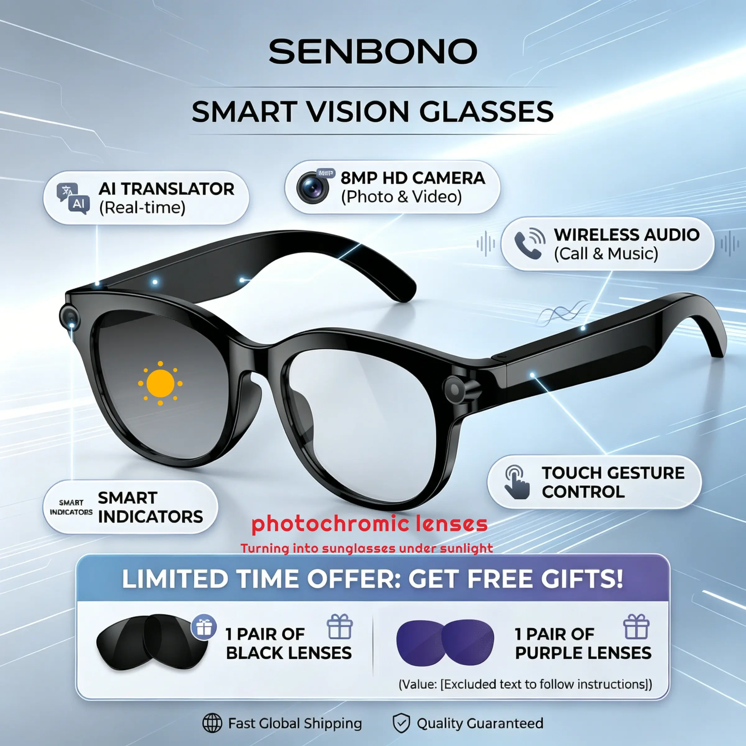 Intelligent AI camera glasses, equipped with 8MP photochromic lenses, can be easily adjusted for travel, outdoor exploration, hands-free photography, language translation, wireless wearable video recording, sun protection, recording, AI assistant, gifts