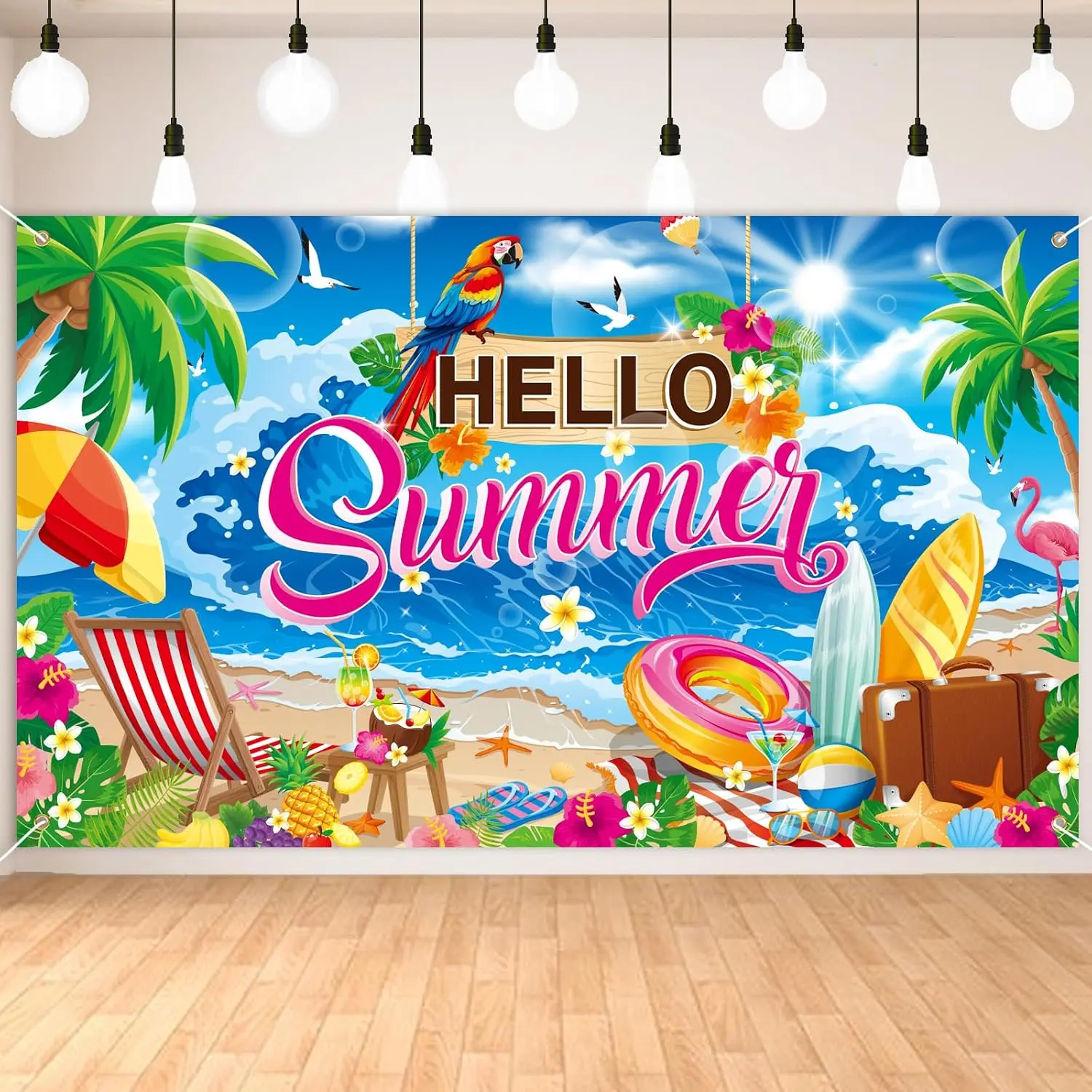 1pc Summer Party Decorations,Colorful Hello Summer Backdrop Banner,Hawaiian Tropical Beach Party Background,Luau Decorations Supplies