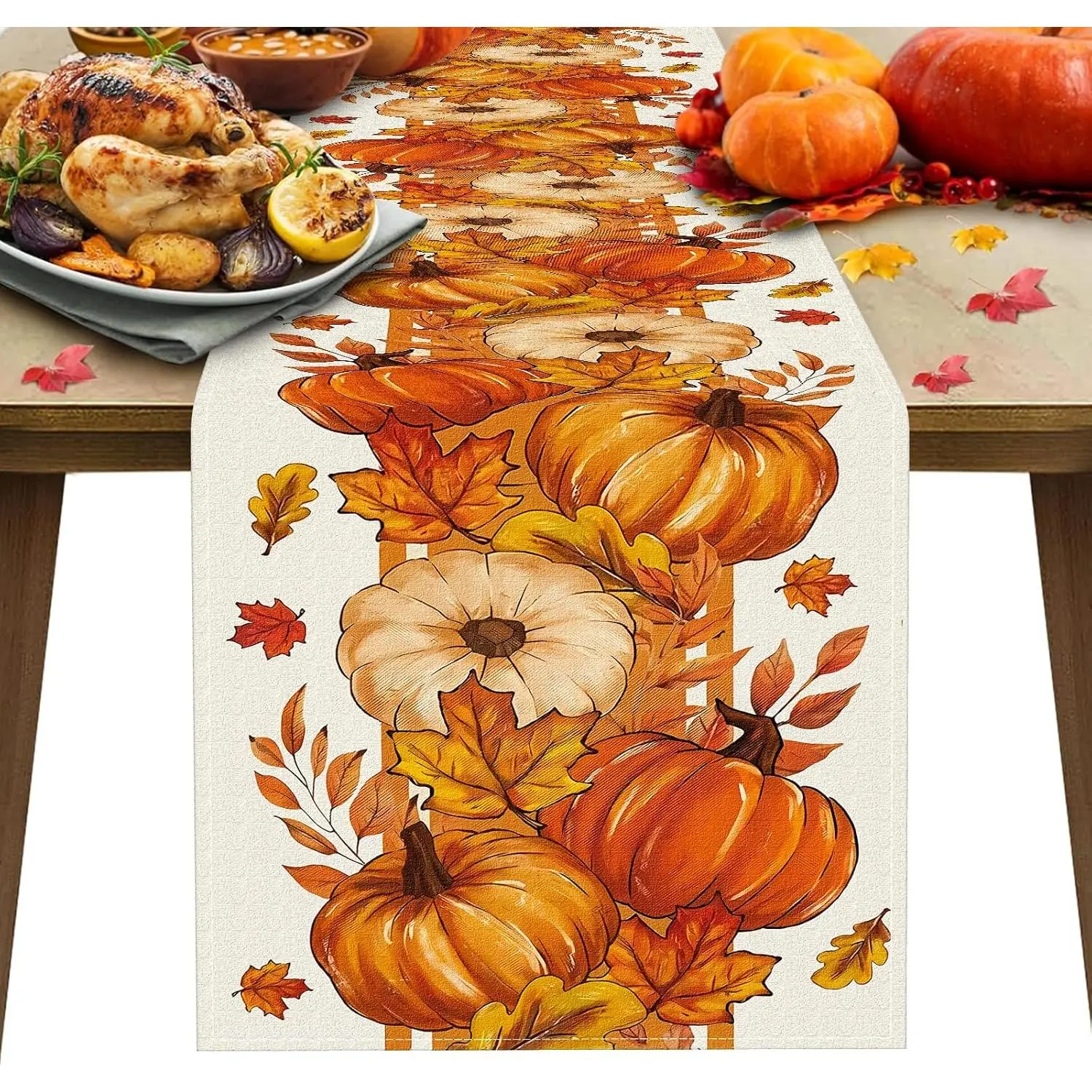 Fall Table Runner 72 Inches Long Orange Pumpkins Maple Leaves Thanksgiving Table Runner,Seasonal Thanksgiving Fall Decoration,Autumn  Harvest Style Kitchen Dining Table Decor