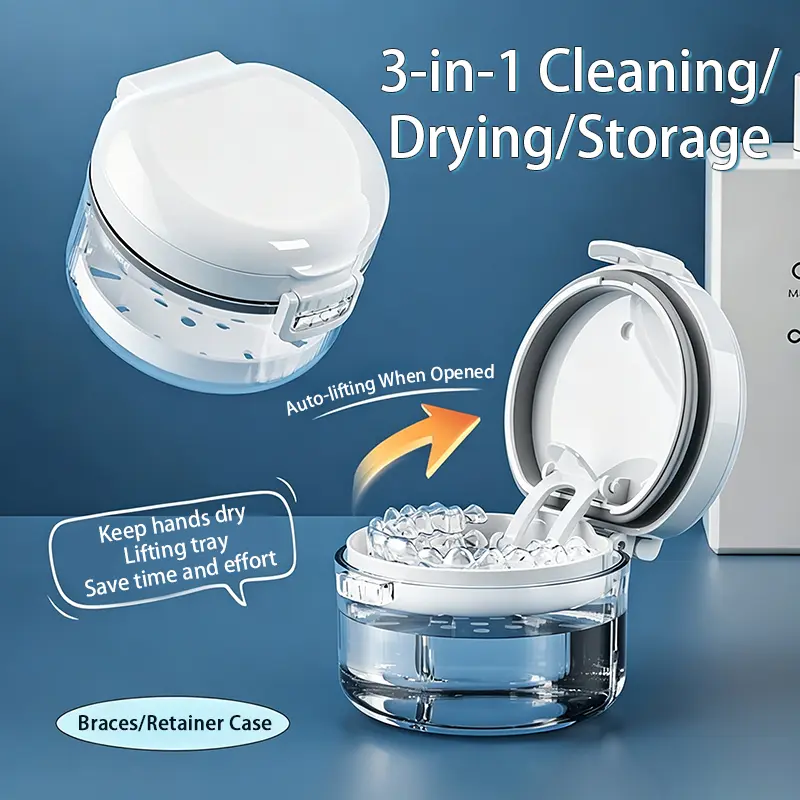 Portable Retainer Soak Box, Travel Dental Cleaning Storage Container with Drain Tray, Silicone Leak Proof Seal, Air Vent & Magnetic Lid, Aligner Holder for Invisalign, Orthodontic Retainers and Mouth Guards